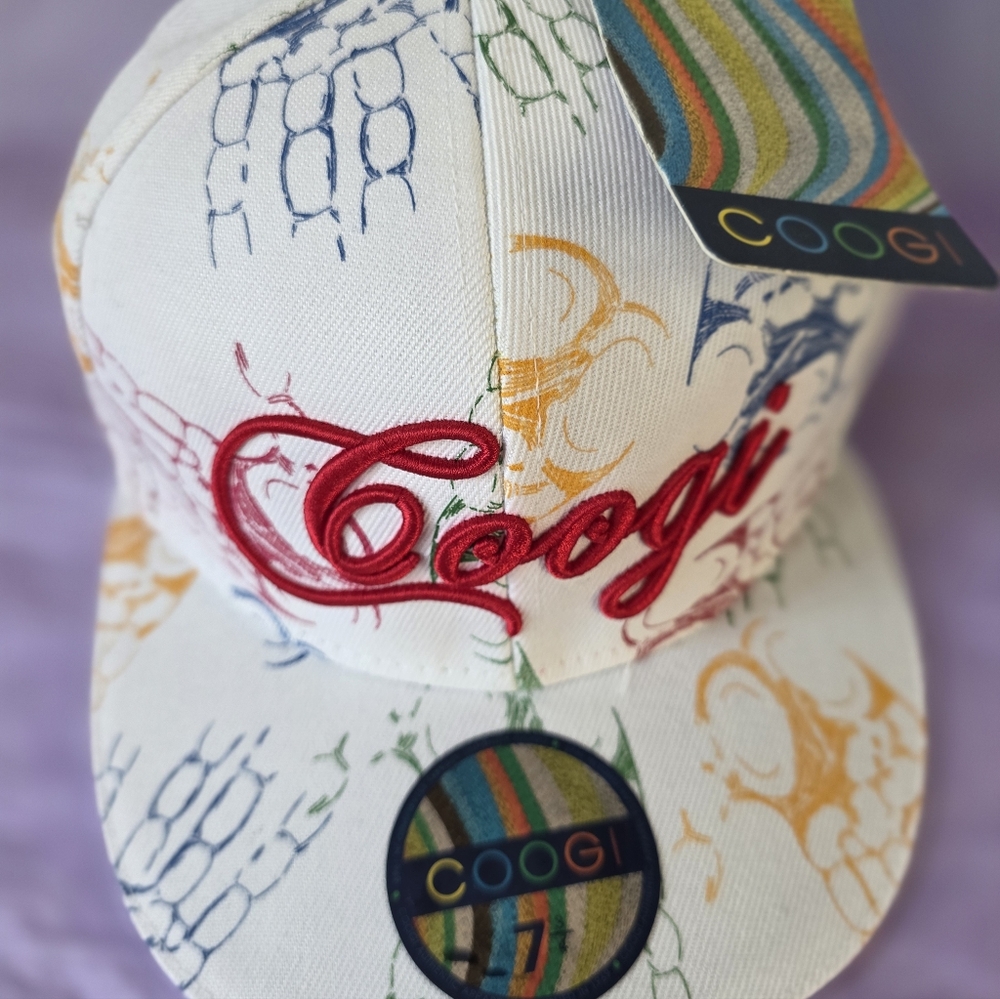 NWT Coogi White RED Script Logo Fitted Hat Multicolor Hand Prints
